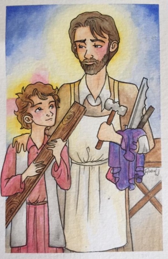 A drawing of Joseph and Jesus with tools.